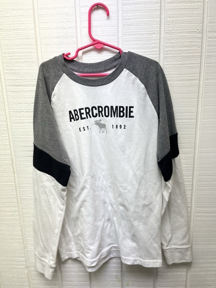 Abercrombie Kids Tee Preppy Designer Boys LS Sz 11/12 White Gray Black Casual