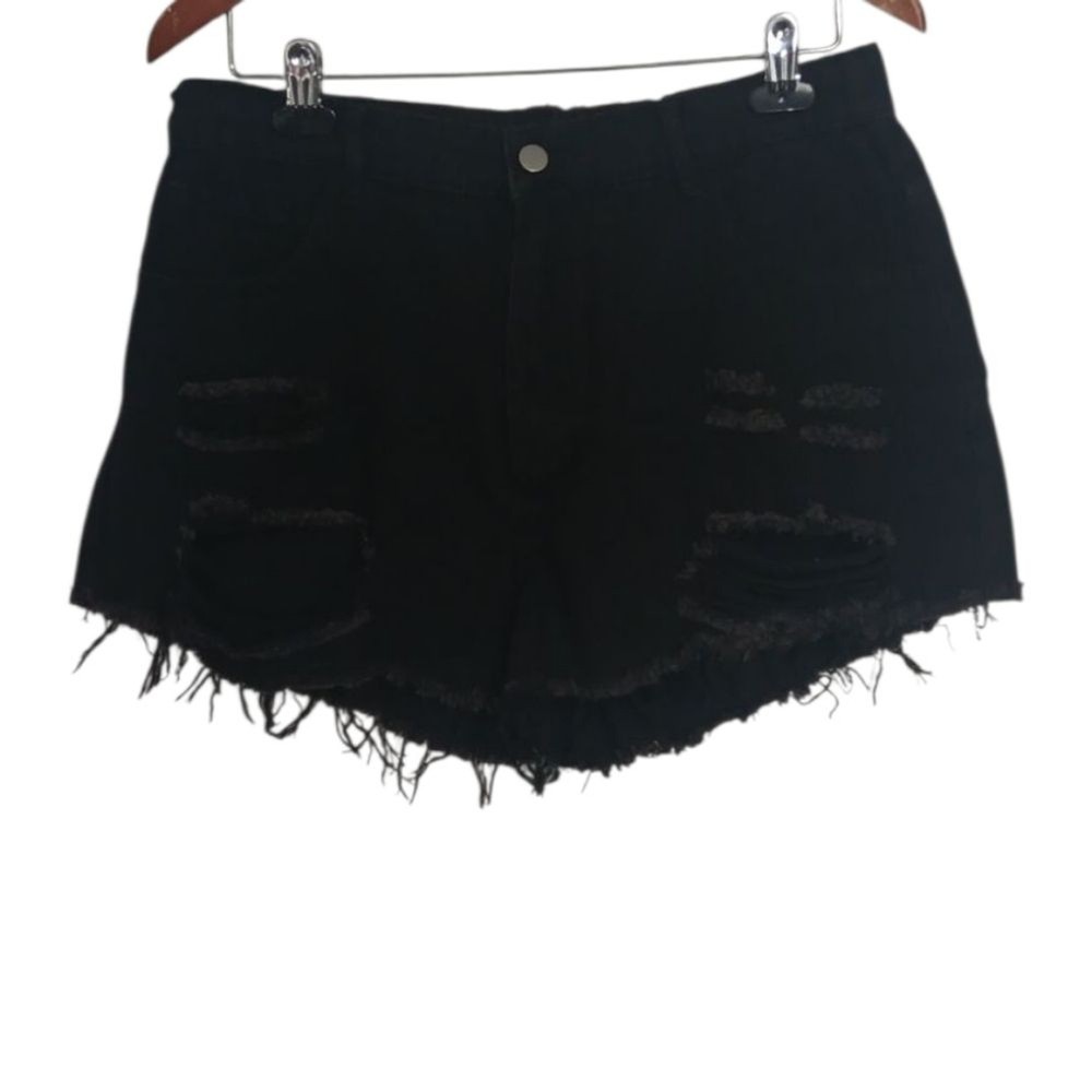 Black Distressed Mid-Rise Denim Cutoff Shorts Size Large Plus