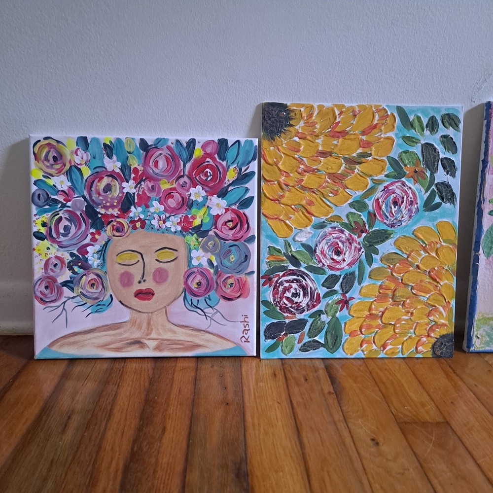Abstract Art / Scatch Art On Canvas 12×12 / 11×7in Lot Of 3 Original Art-image