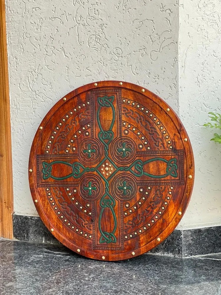 Handmade Scottish Targe Leather Celtic Cross Wooden Shield Leather Viking Shield