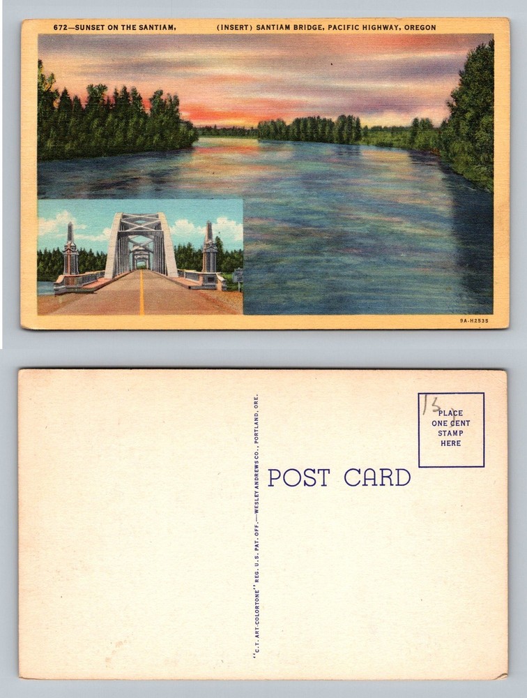Santiam, OR-Oregon, Sunset on River Bridge Pacific Highway Vintage Postcard