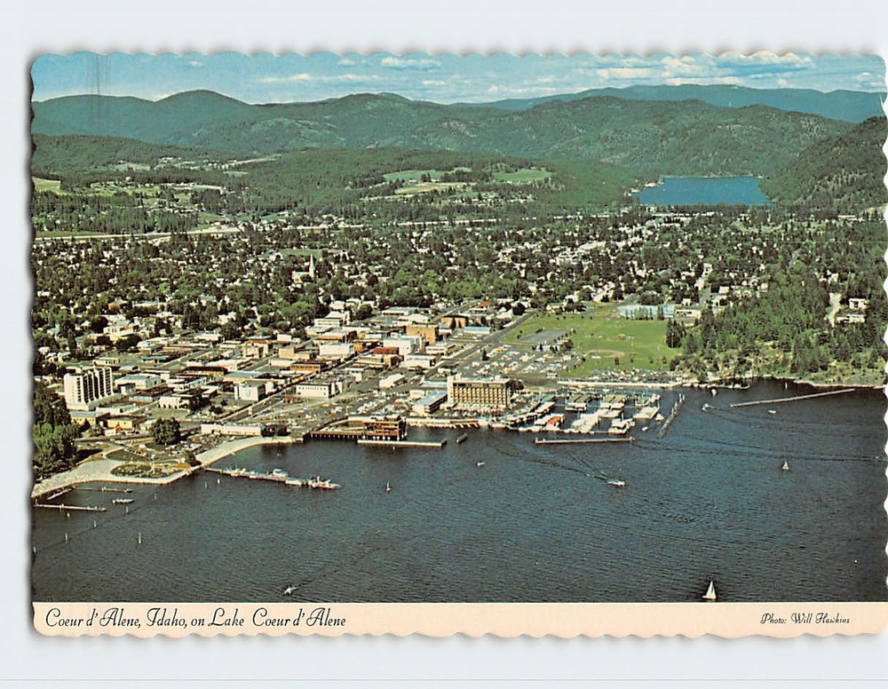 Postcard Aerial View of Coeur d'Alene Idaho on Lake Coeur d'Alene USA
