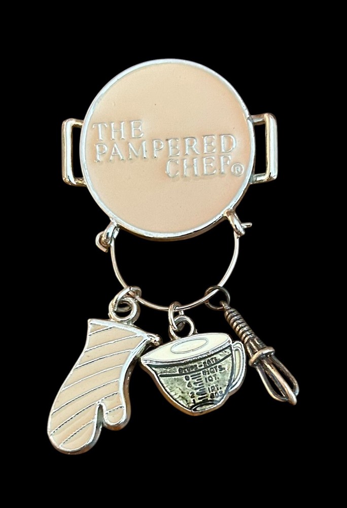 Vintage Pampered Chef charm pin brooch with 3 high-quality utensil charms