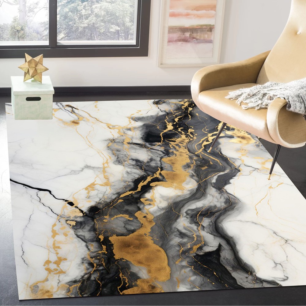 Black Grey Modern Abstract Gold Marble Glitter Area Rug for Bedroom or Carpet