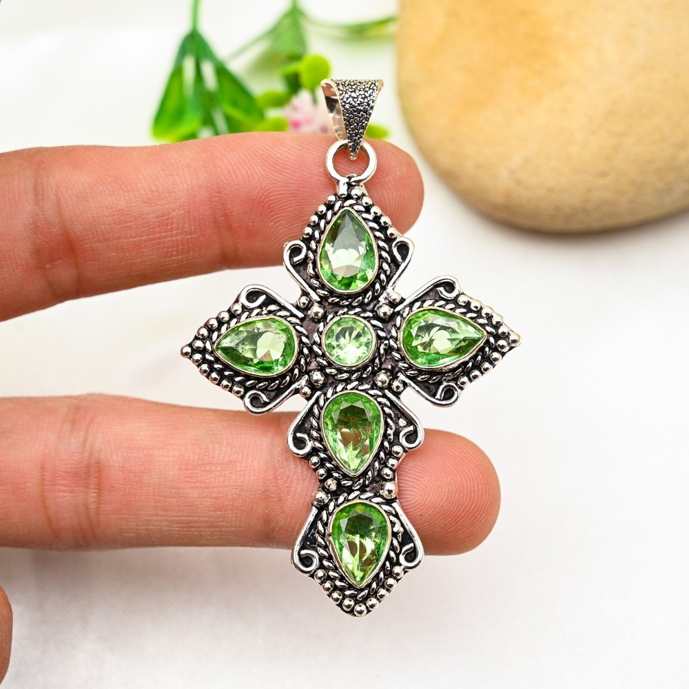Dainty Peridot Gemstone Cross Pendant 925 Sterling Silver Handmade Jewelry Gift