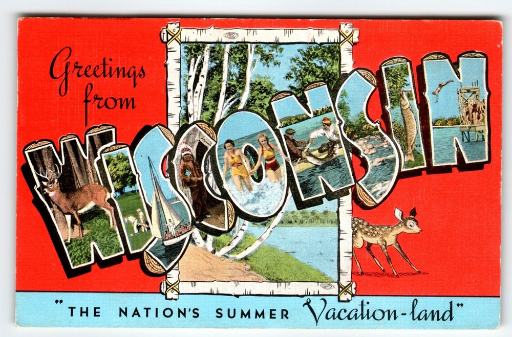 Greetings From Wisconsin Large Letter Deer Postcard Kropp Vintage Vacation Land