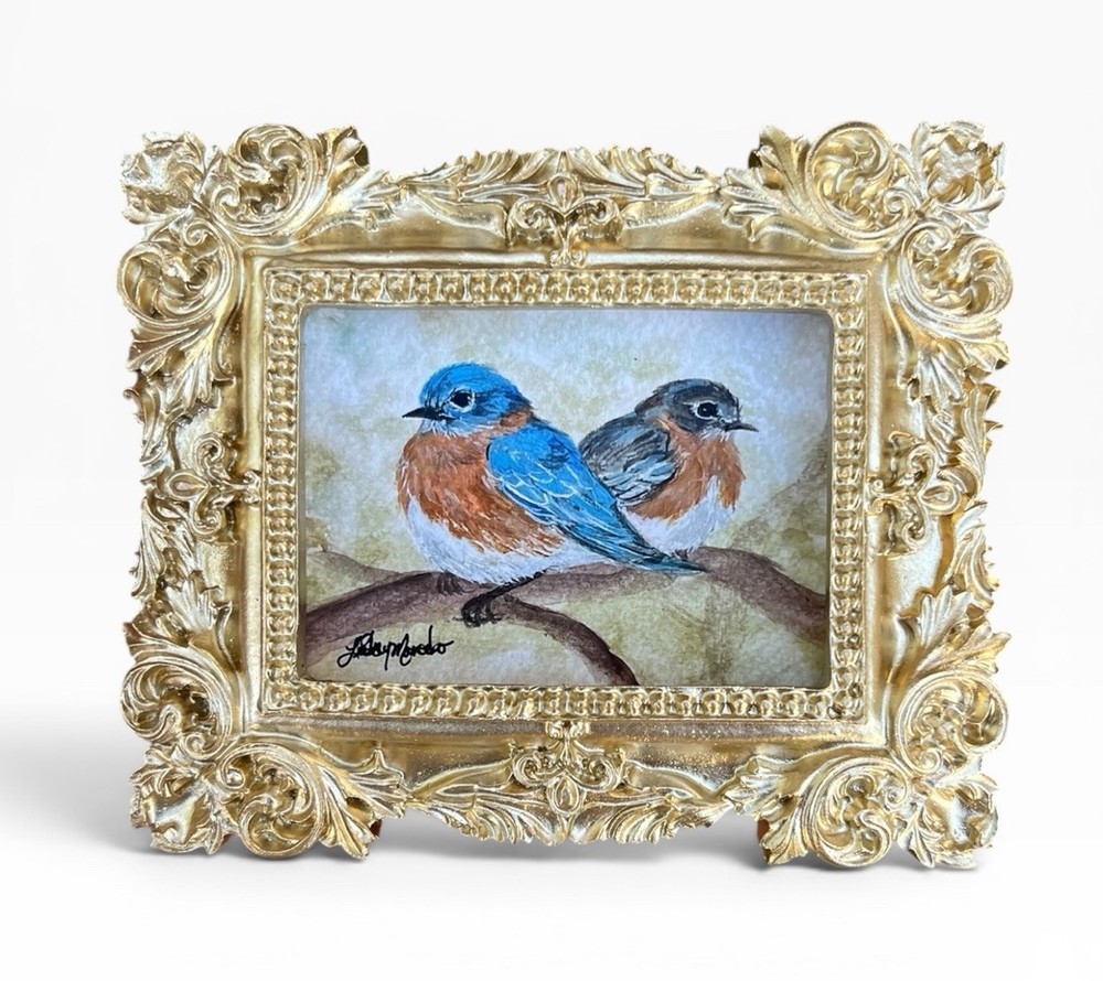 Bluebird (male & female) mini watercolor bird print in gold vintage ornate frame