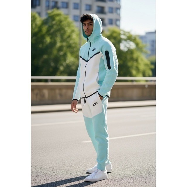 Nike Tech Fleece Tracksuit Set Baltic Blue White Hoodie Joggers BRAND NEW (M)