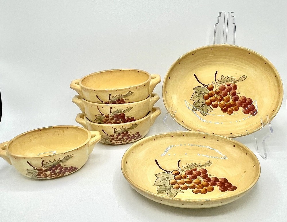 Yellow Bowls With Grapes- 4 Double Handle Bowls & 2 Oval Bowls Home China