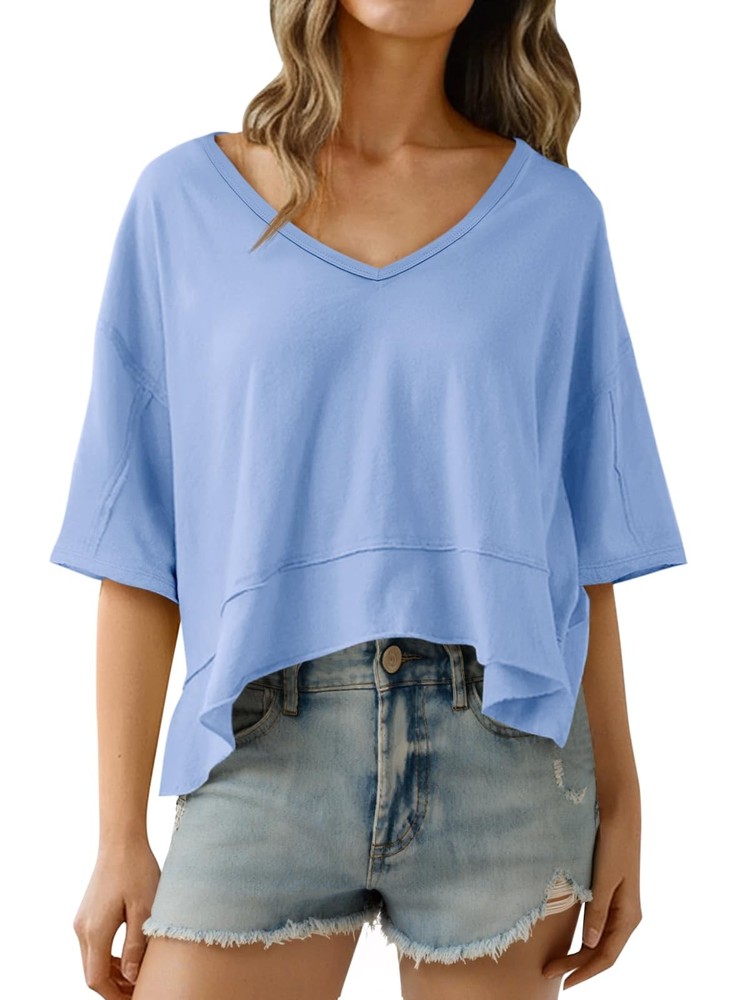 Womens Oversized Crop T-Shirts Summer V Neck Short Sleeve Tops Casual Loose F...