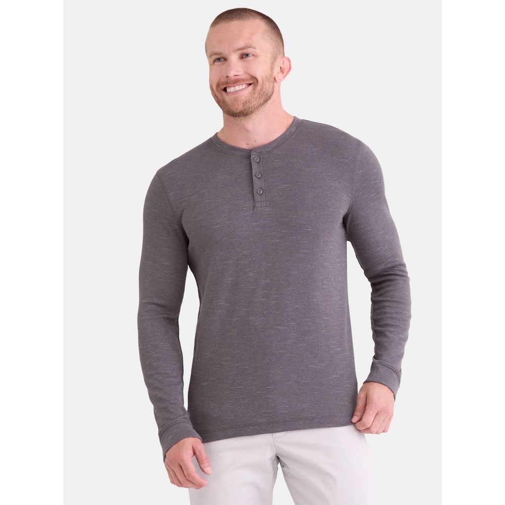 Men's XS Thermal Henley 3 Button Tee Long Sleeves Charcoal Sky Gray New