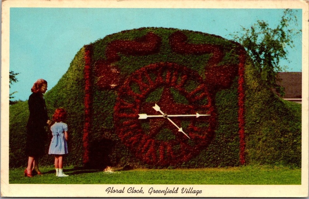 1964 Floral Clock Greenfield Village Dearborn MI Curteichcolor Postcard