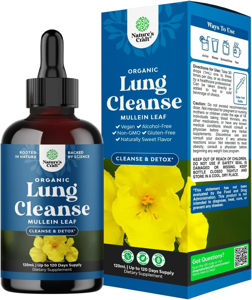 USDA Organic Mullein Drops for Lungs - Herbal Lung Detox & Cleanse with...