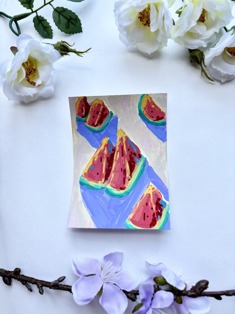 ACEO Original ATC - Watermelon Fruit Mini Still Life - By Lennox Studio Art