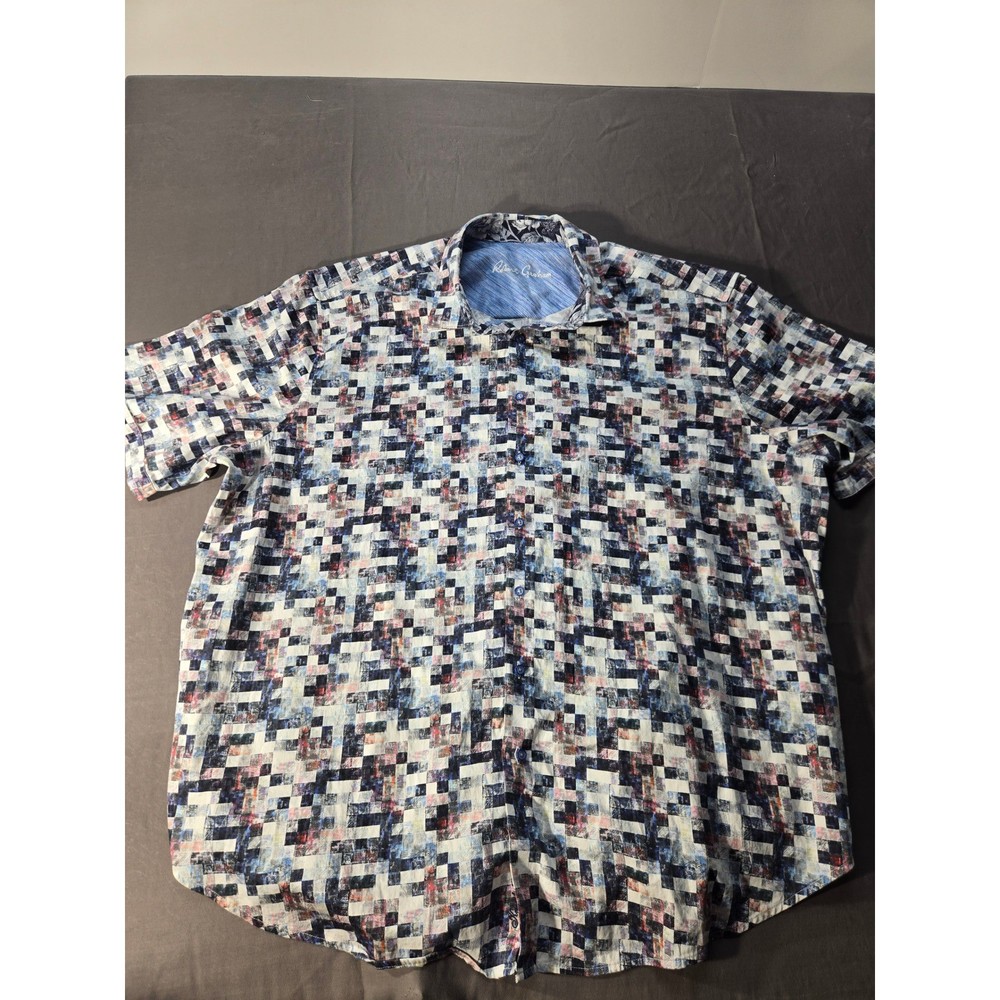 Robert Graham Mens 4XL Short Sleeve Button Down Shirt Pixel Geometric Print Blue