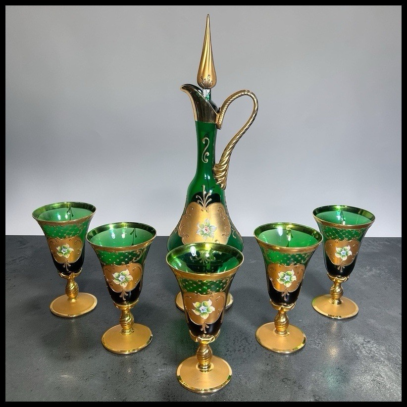 Vintage Venetian Tre Fuochi Gilded Emerald Green Glass Decanter/Goblets Set