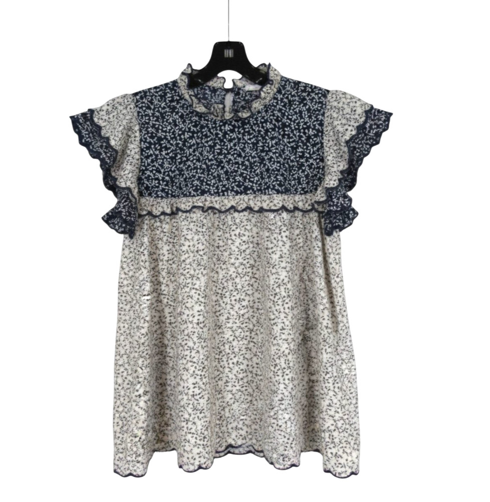 THML NAVY/White FLORAL PRINT Crepe FLUTTER SLEEVES Scalloped Trim BLOUSE/TOP S
