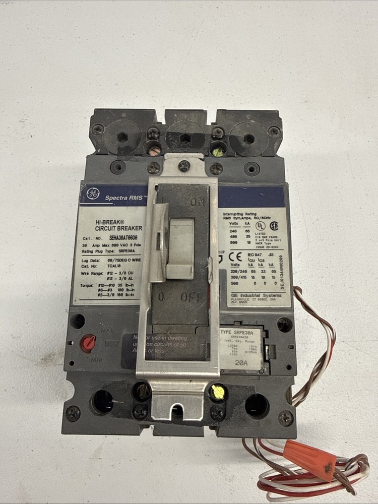 Ge Spectra Rms Circuit Breaker Seha36At0030 30Amp 600V 3 Pole W/20A Trip 3P