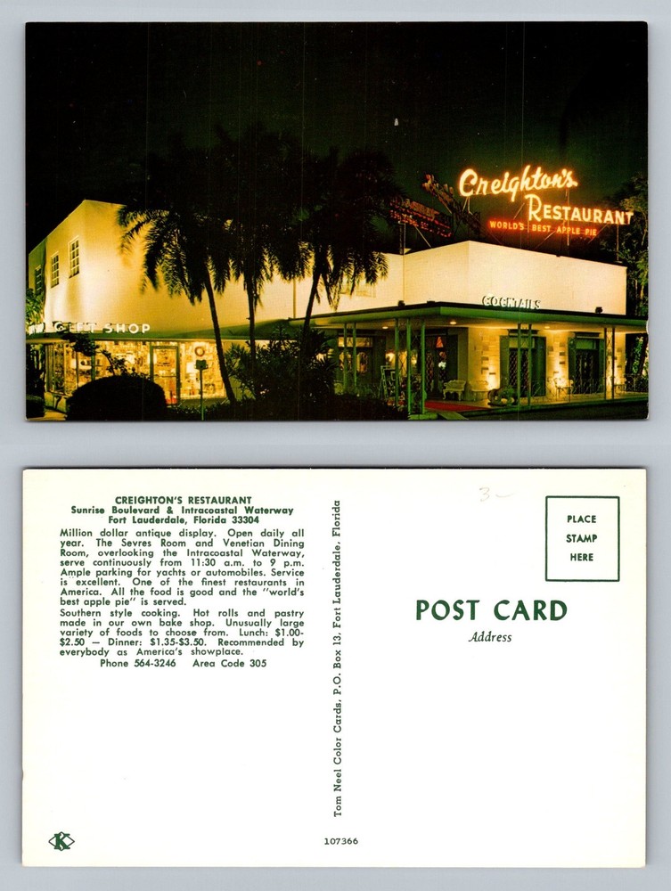 Fort Lauderdale, FL-Florida, Creighton’s Restaurant Night View Vintage Postcard