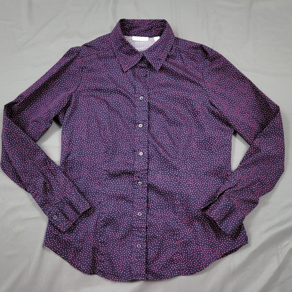 New York & Co Shirt Womens Large L Long Sleeve Button Up Polka Dot Blue Pink