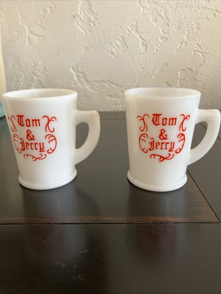 Two Vintage McKee Tom & Jerry 6 oz White Milk Glass D Handle Red Scroll Mug Cup