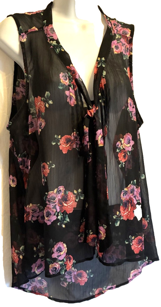 Top Shirt Blouse  Size- M Hi Low Semi Sheer Floral Button Front Pleated Tie