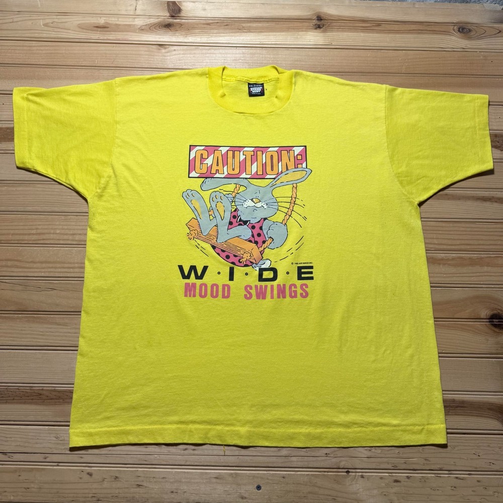 Vintage 80s 1989 Caution Bunny Wide Mood Swings Cartoon Funny Shirt USA Size XL