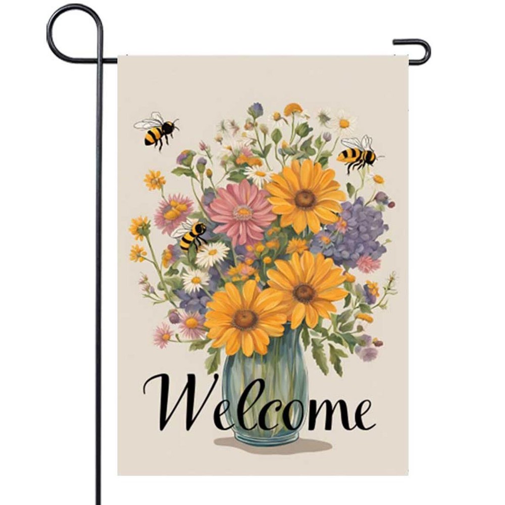 Welcome Flowers Garden Flag 12x18 Inch for Spring Summer Bee Yard Decor Small