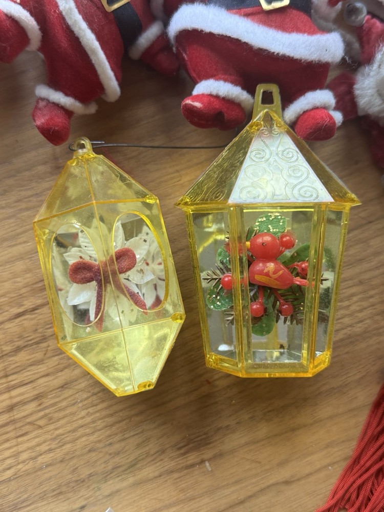 Vintage Jewel Brite Christmas Ornament Yellow Lantern Red Bird 3D Diorama Lot