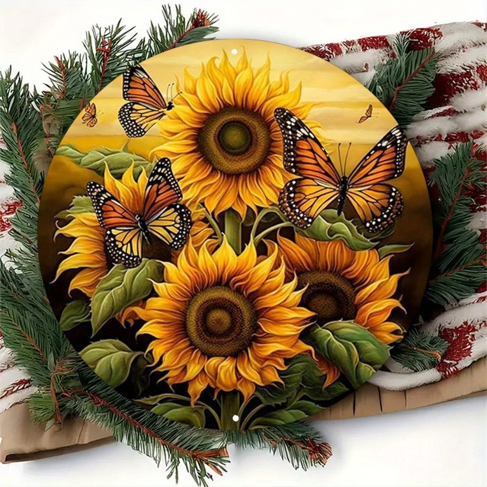 Sunflower Monarch Butterfly Painting Round Metal Wall Art