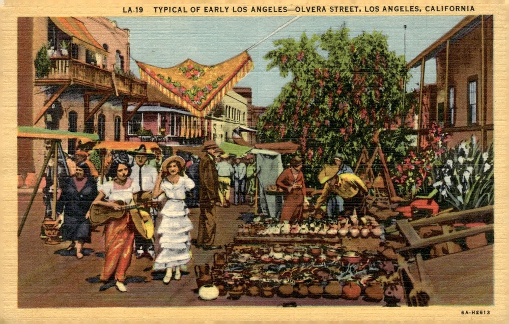 1936 Olvera Street Los Angeles California Linen Art-Colortone Postcard Market