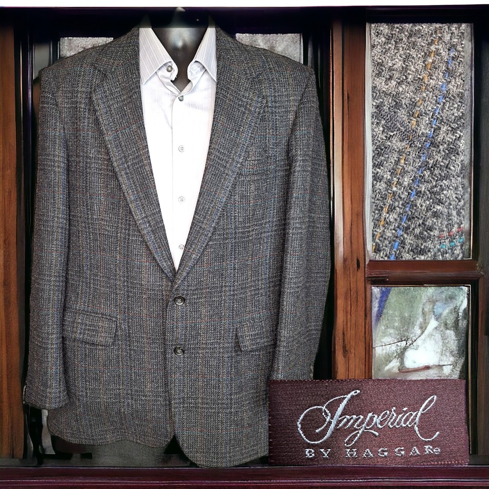 Haggar Imperial 44L Gray Plaid Tweed Wool Blazer Jacket for Men