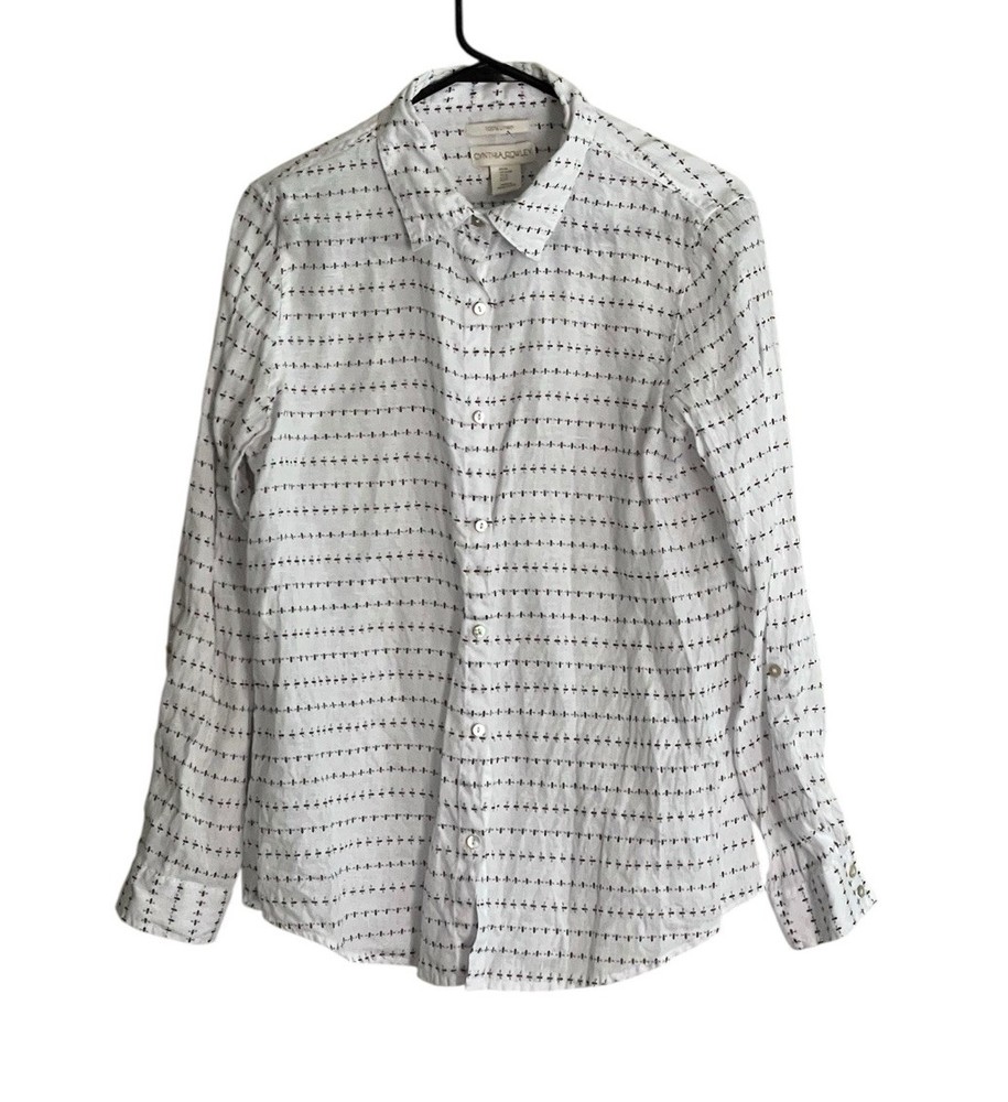 Cynthia Rowley Top 100% Linen long Sleeve All Over Bee Print Button Medium