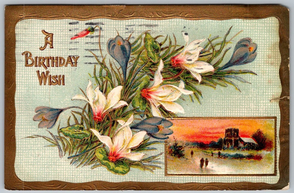 Antique Postcard Birthday Wish Embossed Flowers 1910s