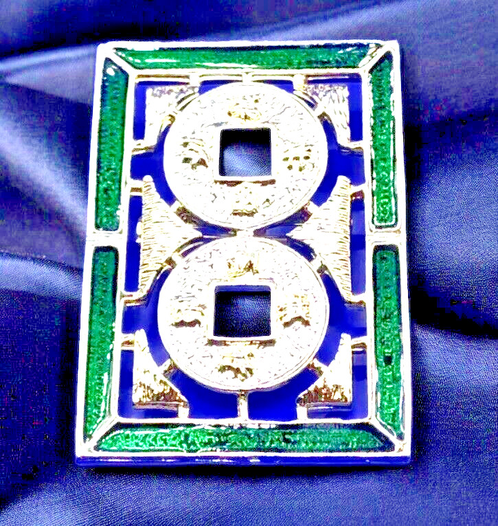 Vintage RNK Rectangle Art Deco Green Enamel Gold Tone Brooch Pin 2”