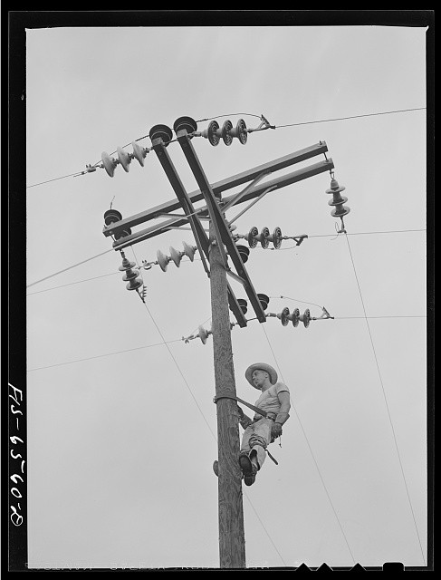 Hayti Missouri 1930s REA Lineman on Utility Pole Rural Electrification