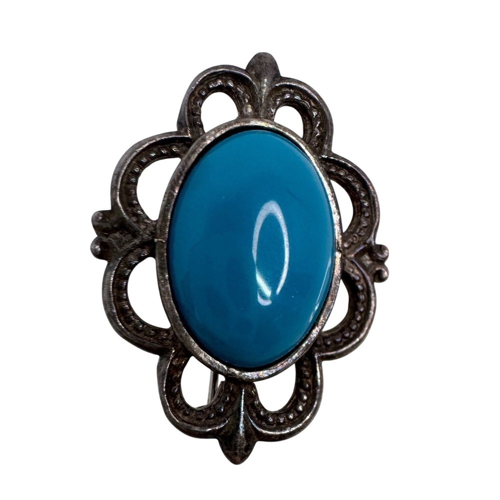 Vintage Sterling Silver Faux Turquoise Oval Cabochon Scalloped Brooch Pin