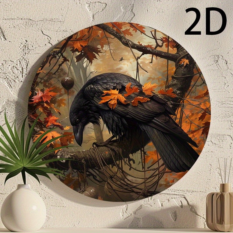 Retro Crow and Autumn Leaves Round Aluminum Sign Multi purpose