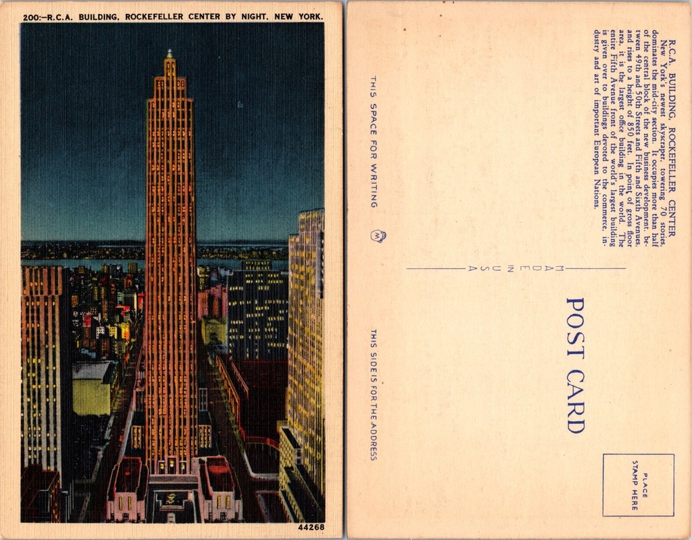 RCA Building Rockefeller Center at Night New York City NY Postcard