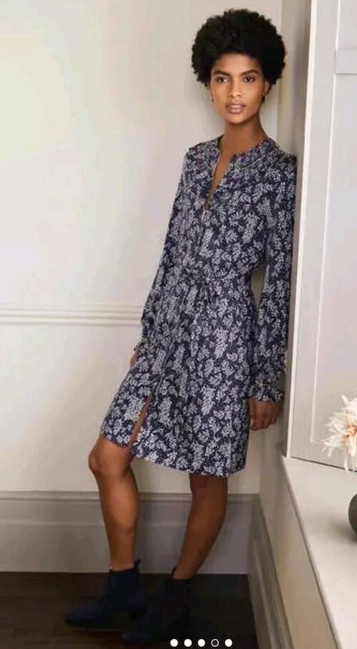 Boden Smocked Jersey Dress French Navy Leafy Sprig UK 6L New Sample D43