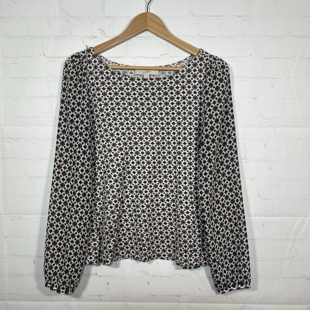 Loft Blouse Womens Size Medium Brown Geometric Round Neck Long Sleeve