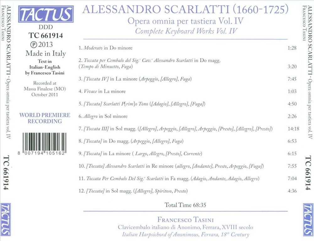 Francesco Tasini Alessandro Scarlatti: Opera Omnia Per Tastiera, Vol. 4 New Cd