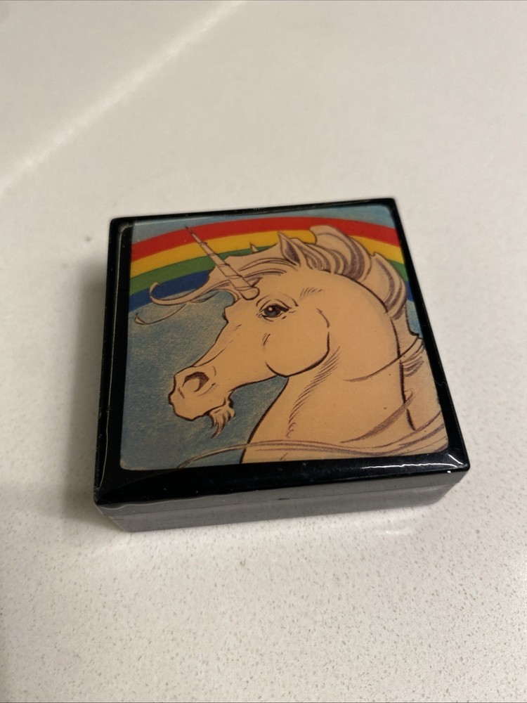 Vintage Mini Black Lacquer Trinket Boxes White Unicorn Rainbow Enamel Pill 1970s