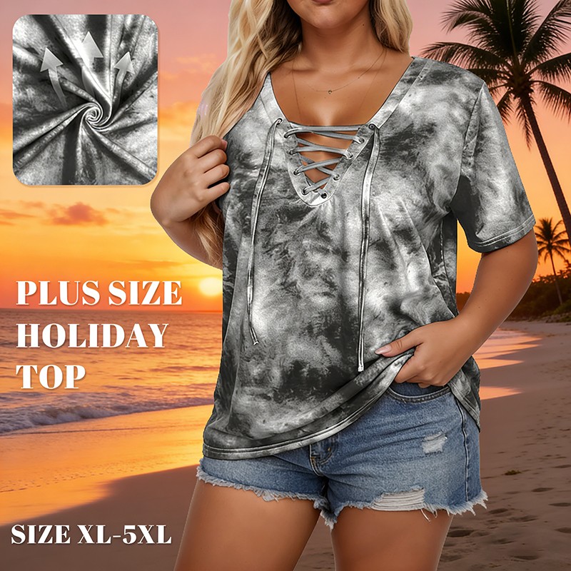 Plus Size Women's Short Sleeved Tie Dye T-Shirt Loose Oversized Top V-neck Tops