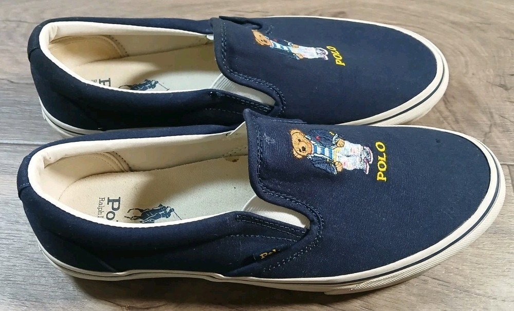 POLO RALPH LAUREN Men's Keaton Slip-On Sneakers Sz 9.5 US Navy Blue Bear Preppy
