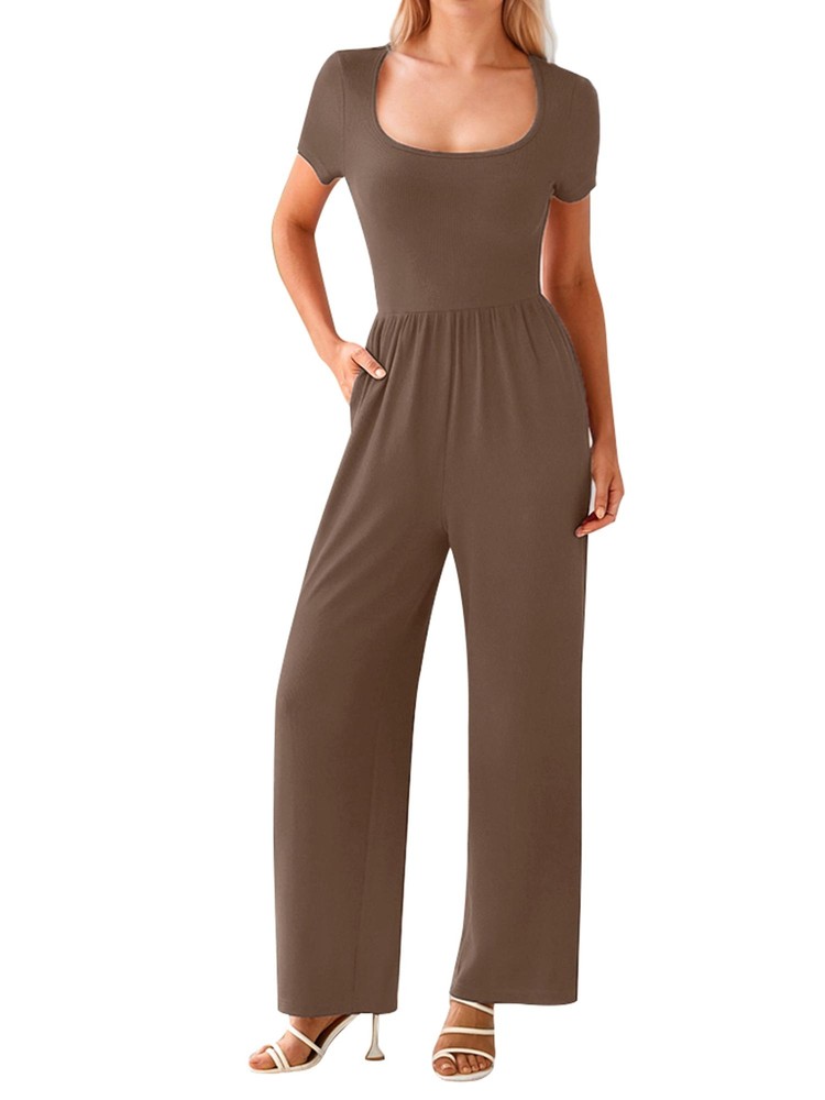 Women's One Piece Jumpsuits Casual Short Sleeve Square Neck Wide Leg Jumpsuit #
