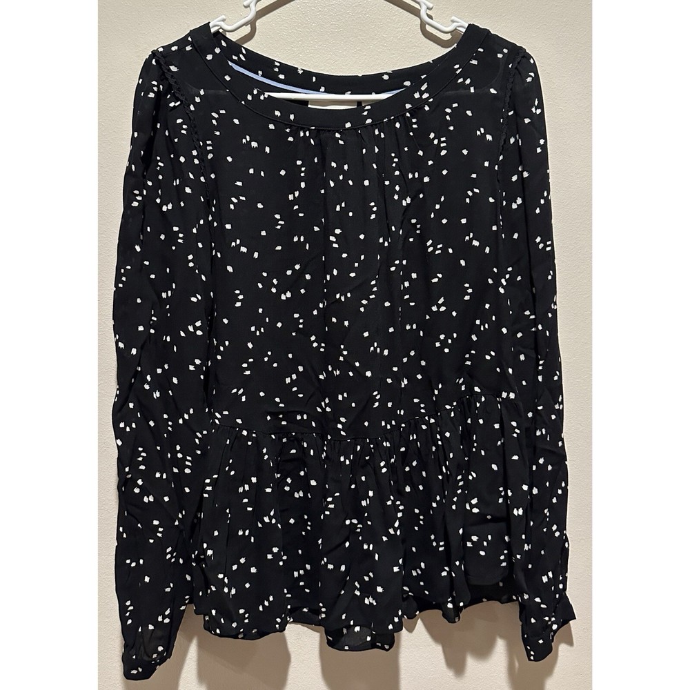 Maeve Anthropologie Black White Dash Print Peplum Blouse Long Sleeve Top Small