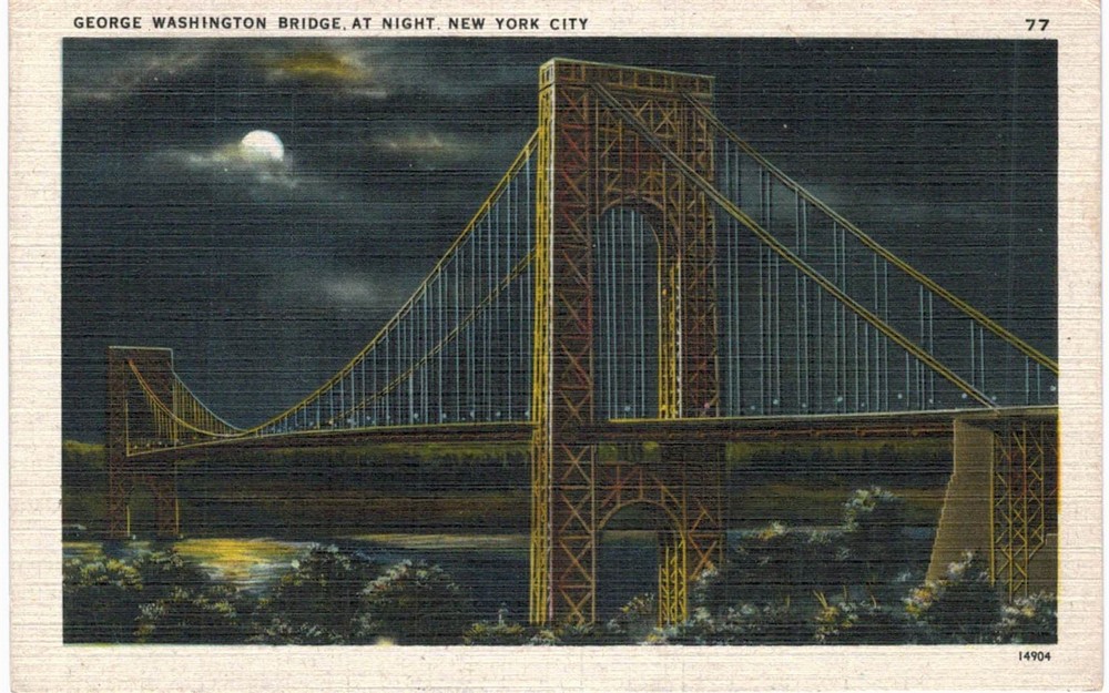 NYC George Washington Bridge At Night Moonlight Linen 1940 New York City