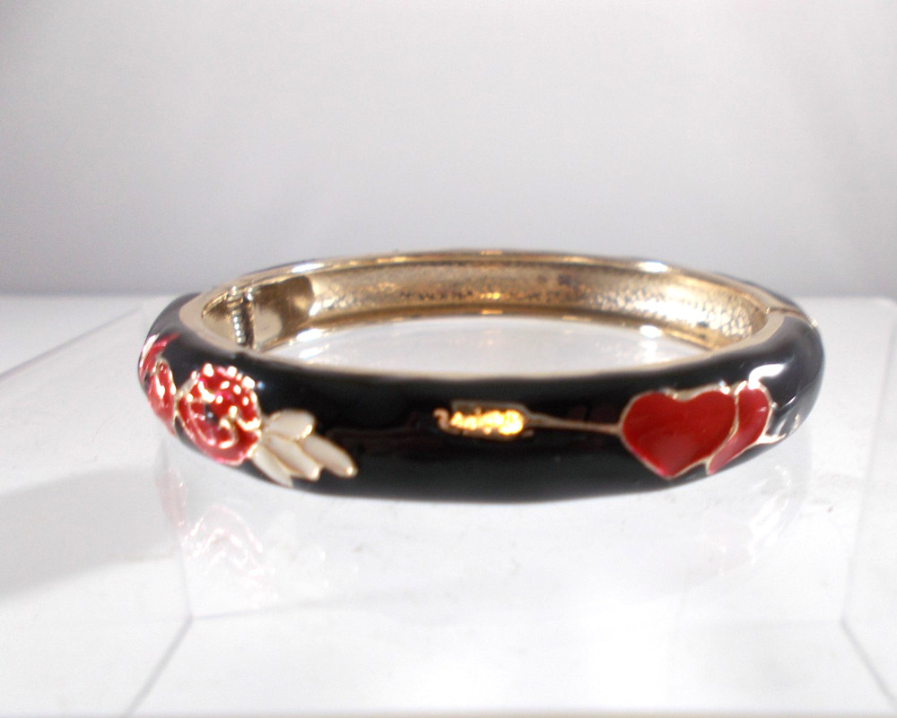 Black Enamel Red Hearts & Roses Hinged Bangle Bracelet Free Shipping