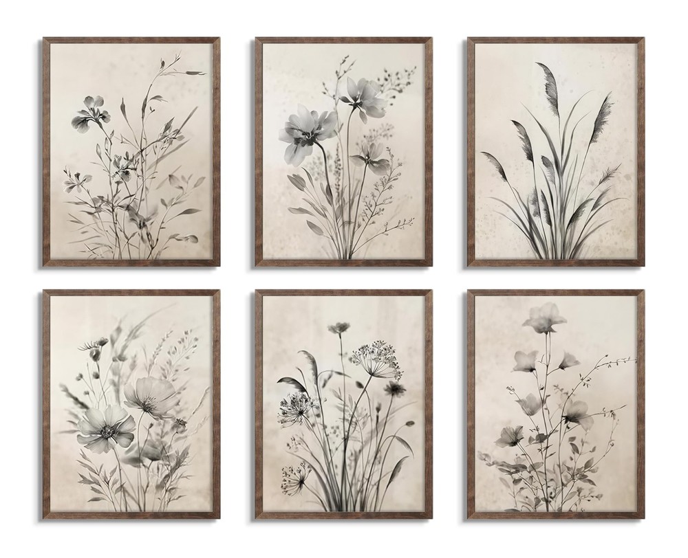Vintage Boho Botanical Posters Wall Art Set of 6, Black and White Flower Canv...